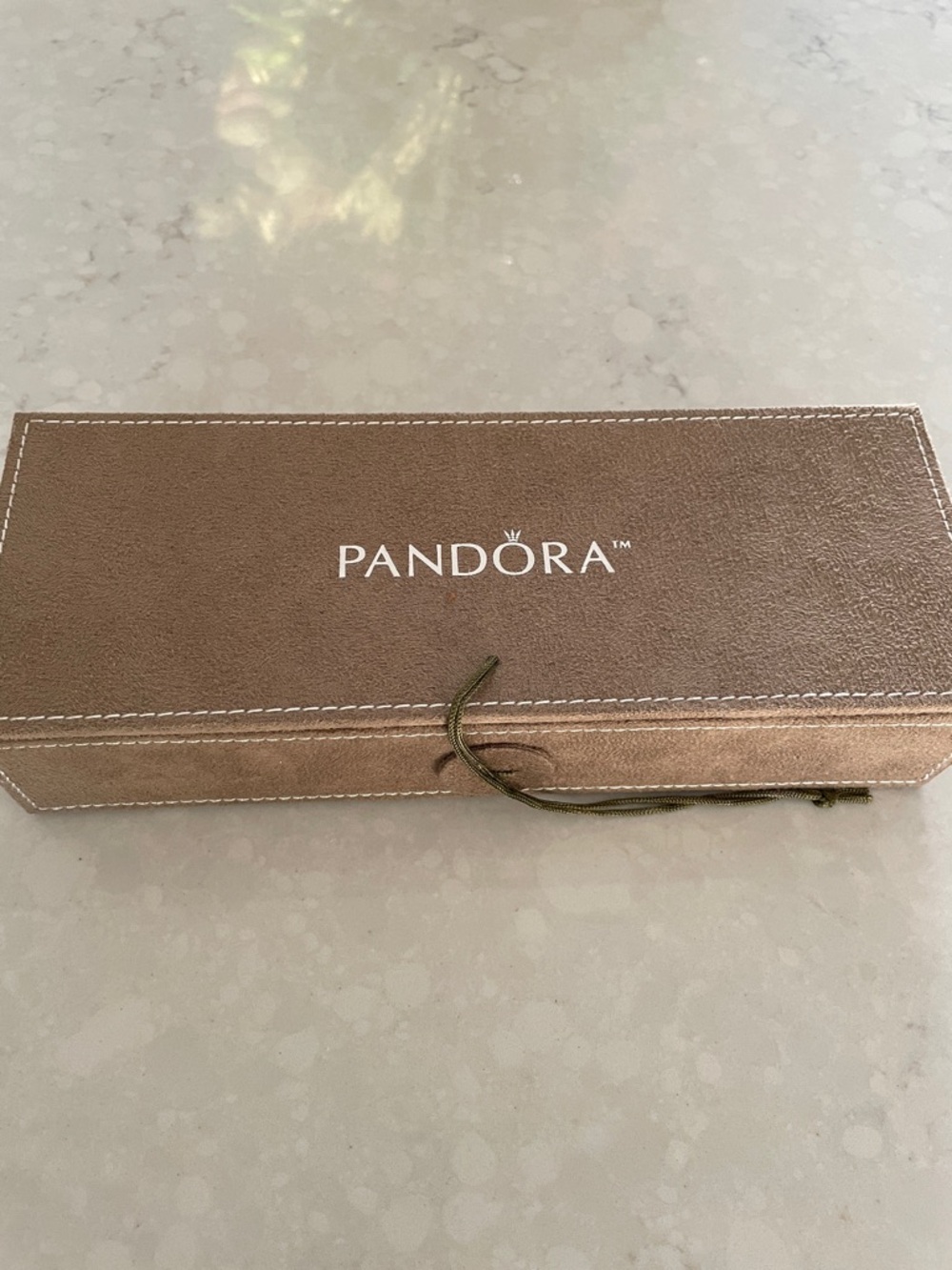 Pandora Taupe Suede Jewelry Case with Olive Cord.